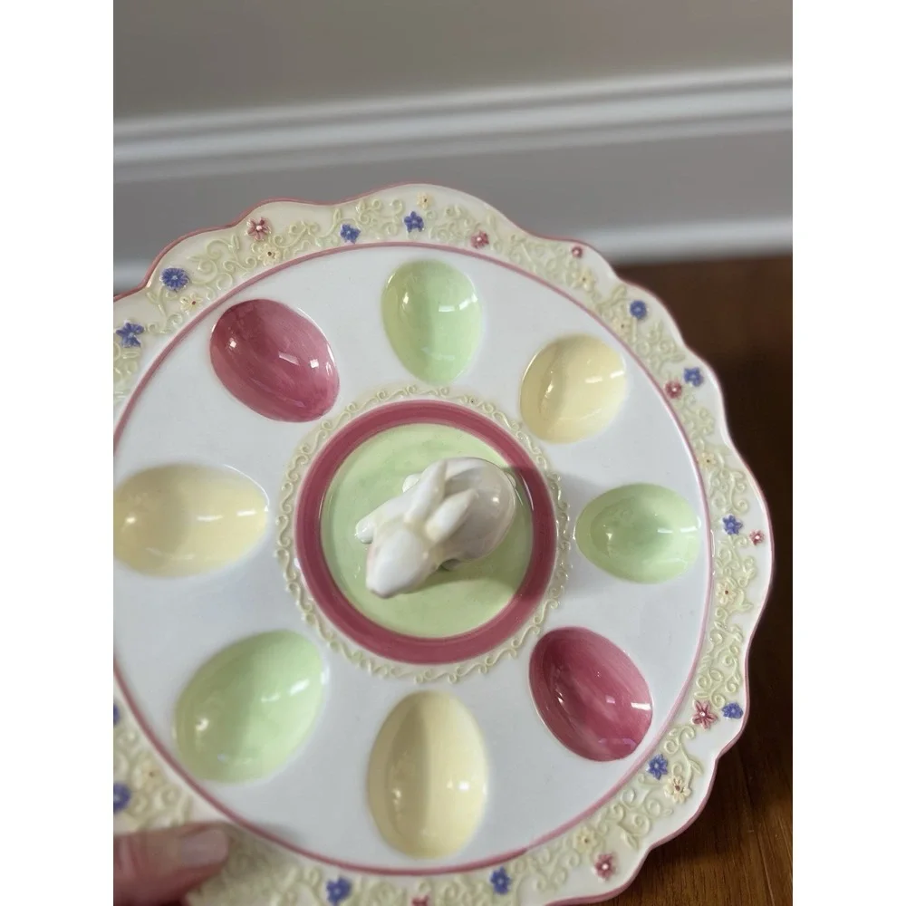 Easter Bunny Deviled Egg Plate Pastel Spring Platter 8 Eggs  11.5